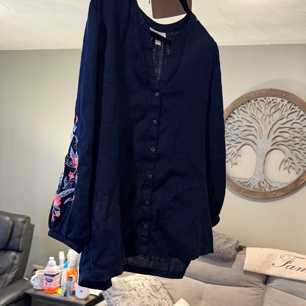 Charter Club Navy Blouse with Floral Embroidery